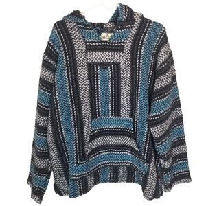 Baja Joe Mens Mexican Hoodie Durg Rug Hippie Beach Blanket Poncho Sz XL Striped